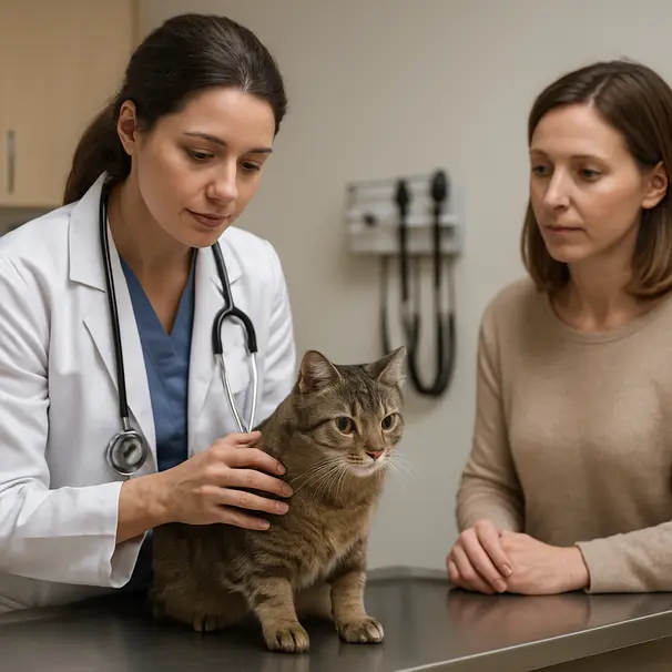 Veterinarian examining a domestic shorthair cat on an exam table with owner present.