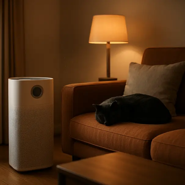 HEPA air purifier running beside a sofa with a sleeping black cat in a warm living room.