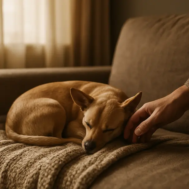 Cane accoccolato sul divano in soggiorno, proprietario che offre conforto, luce calda
