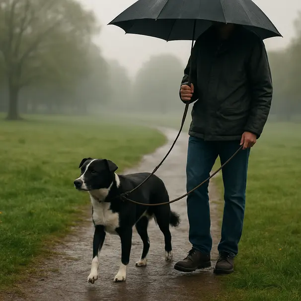 Passeggiata al parco con cane e pet carer su erba umida, cielo nuvoloso