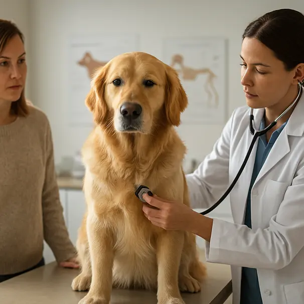 Visita veterinaria con cane su tavolo, veterinario che ascolta il battito, proprietario presente