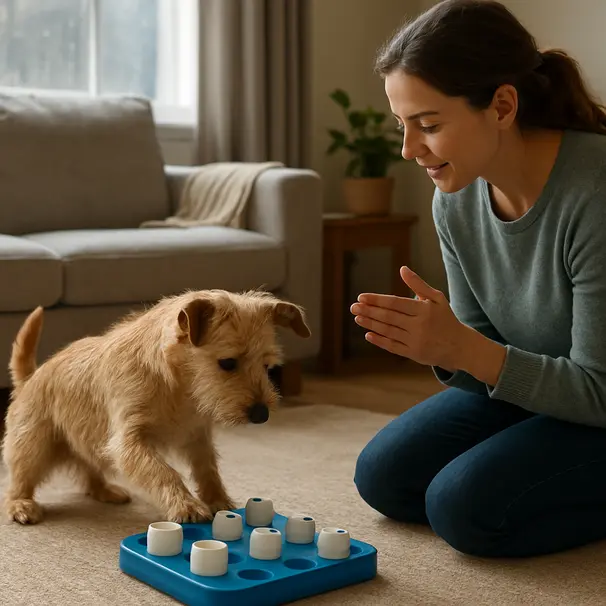 En liten terrier leker med en interaktiv pusselleksak inomhus på en regnig dag, pet carer uppmuntrar i ett mysigt vardagsrum