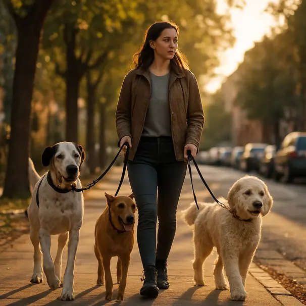 En pet carer leder tre hundar i olika raser på stadsgata under gyllene kvällsljus, rörelse och samhörighet