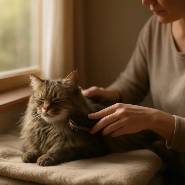 En pet carer borstar en lugn långhårig katt på en mjuk filt vid ett solfönster, inomhusmiljö, mysig och trygg stämning