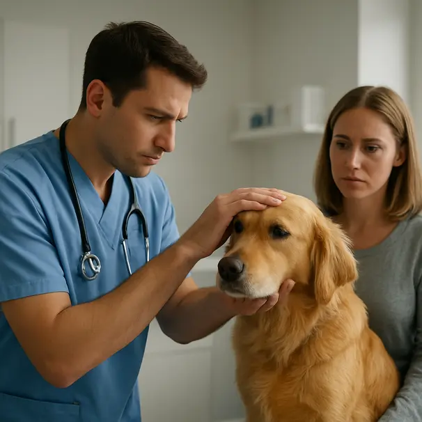 Veterinarian examining a golden retriever's head in a clinical exam room while owner watches anxiously