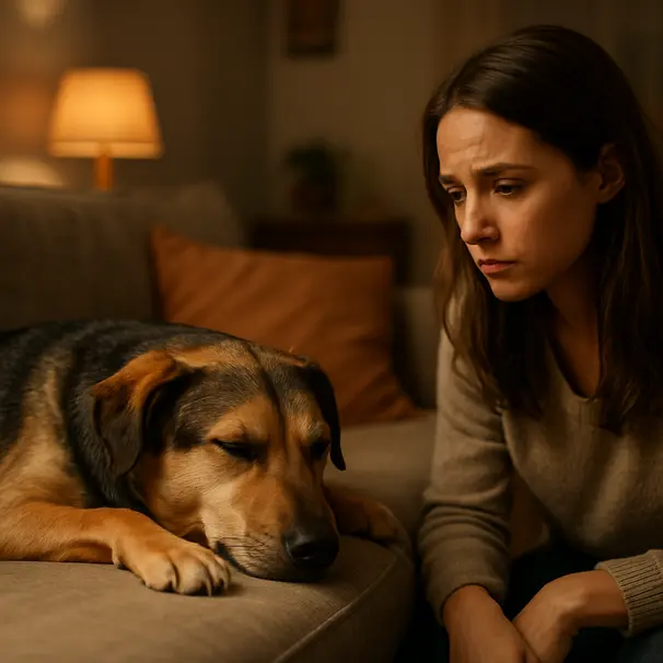 A medium-sized mixed-breed dog presses its head against a couch in a warm living room while owner watches, demonstrating head pressing behaviour