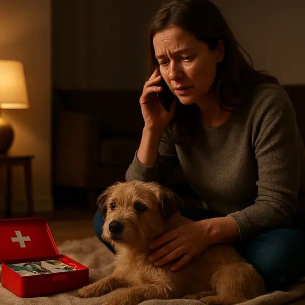 Owner comforting a small terrier on a blanket at home, calling their veterinarian with an open pet first-aid kit nearby