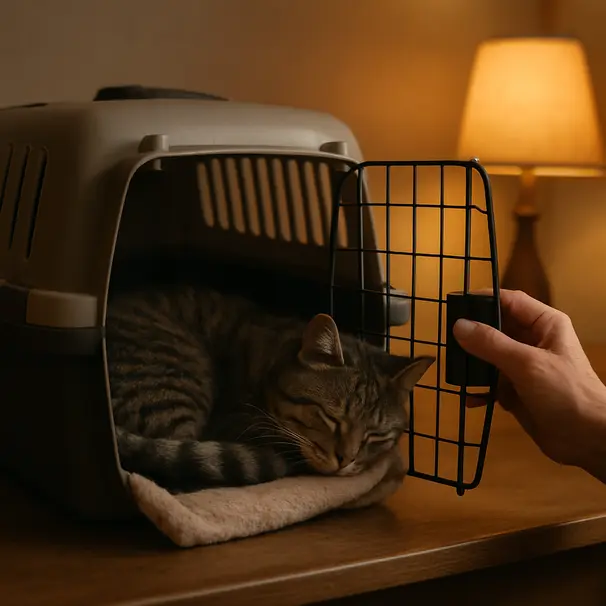 A tabby cat curled on a blanket inside a carrier with a carer nearby in a warmly lit room