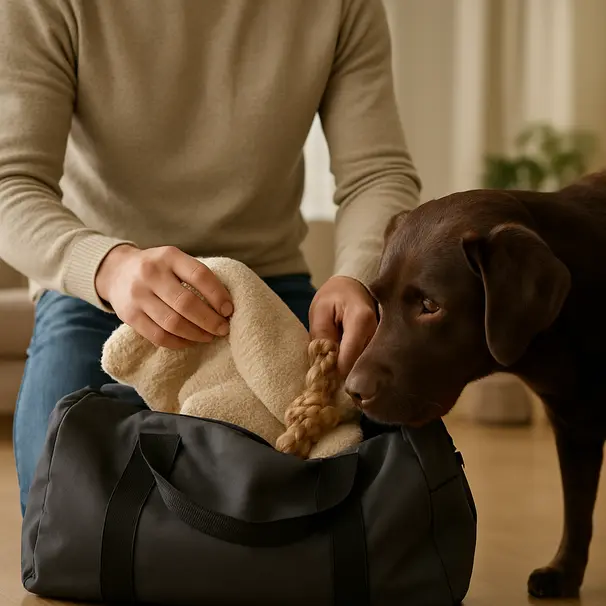 A brown Labrador sniffing a duffel bag as an owner packs a blanket and toy in a sunlit living room