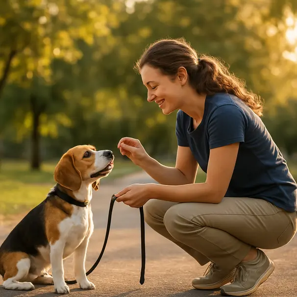 A female pet carer offering a treat to a small beagle on leash in a suburban park during late afternoon