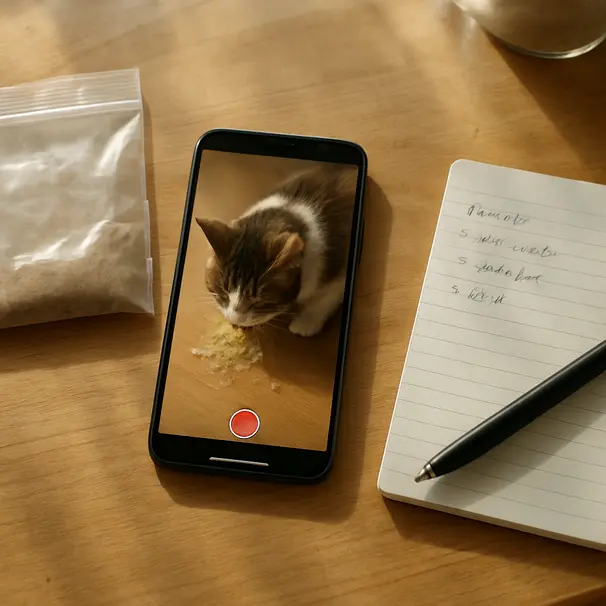 Smartphone recording a vomiting brown-and-white cat, a sealed bag with vomit sample and a notepad with notes on a kitchen table