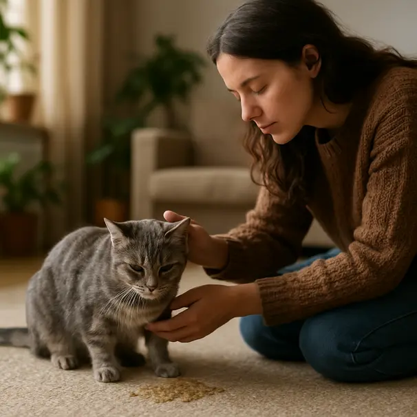 Cat owner comforting a short-haired grey tabby cat on a living room rug in daylight, inspecting the cat after it vomited
