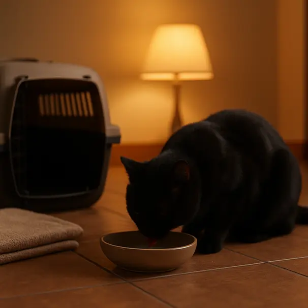 Black cat drinking small amounts of water from a shallow bowl in a quiet evening home setting with a towel and carrier nearby