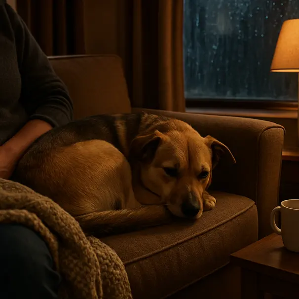 Mixed-breed dog cuddled on a sofa indoors during a rainy, stormy evening, warm lamp light and rain visible through the window