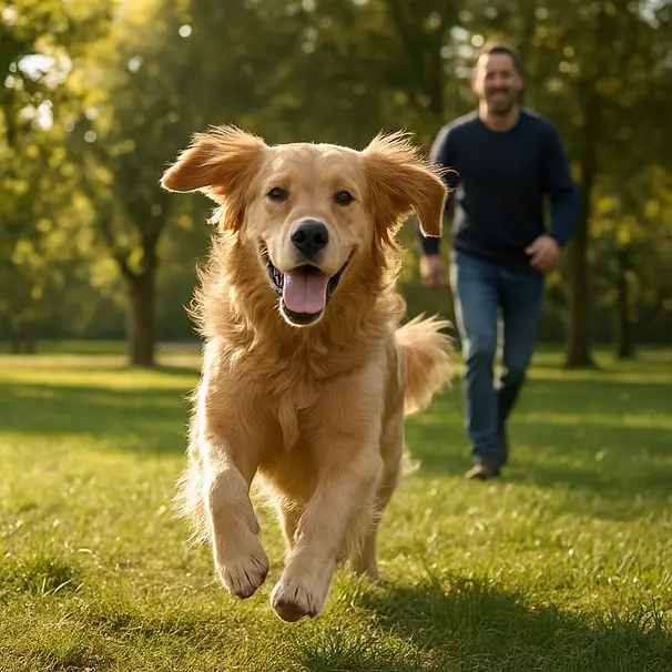 Golden retriever running through a sunlit park on a breezy afternoon, ears flapping and owner smiling in the distance