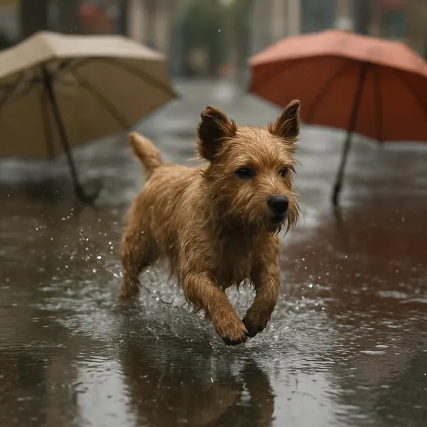 Small terrier playfully splashing in a rain puddle on a city sidewalk during a light rain, water droplets visible
