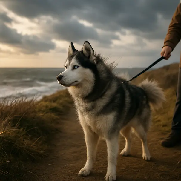 Siberian husky on a windy coastal trail with fur blowing, dramatic clouds and ocean visible in the background