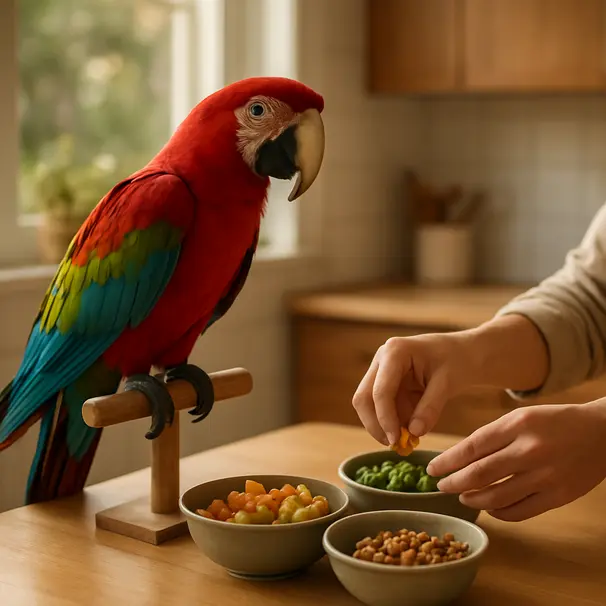 Iemand bereidt speciaal dieet voor een kleurrijke papegaai in een zonovergoten keuken, close-up van voedsel en veren