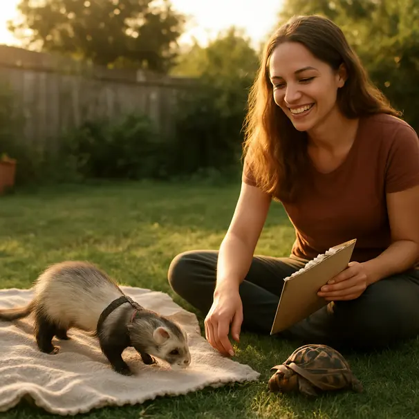 Verzorger buiten met een fret aan een tuigje en een schildpad op gras, houdend van een checklist tijdens gouden uur