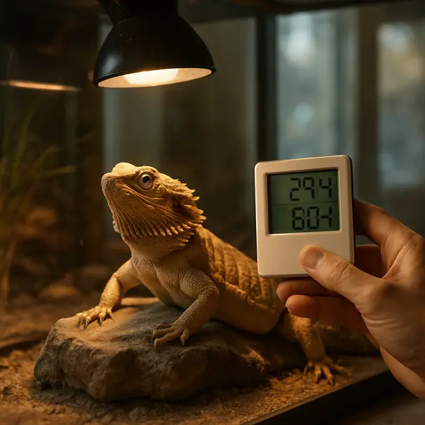 Verzorger controleert hygrometer en thermometer bij een terrarium met een baardagaam en warme verlichting