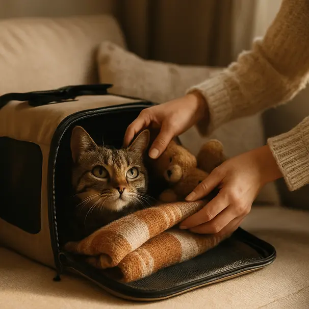 Cat peeking from an open carrier as owner places a familiar blanket and toy inside at home