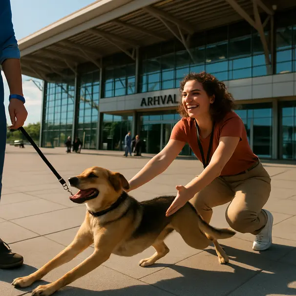 Mixed-breed dog stretching on a leash outdoors at the airport arrivals area with owner and carer celebrating