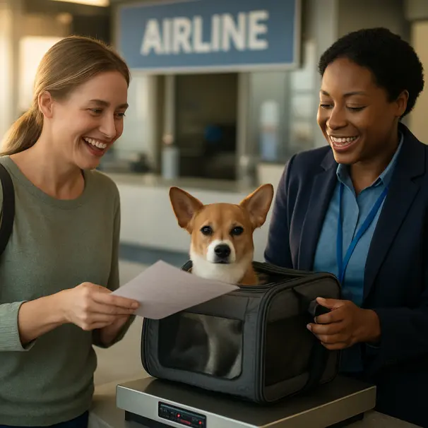 Small dog in a soft-sided carrier on an airline scale at the airport check-in counter with pet owner and carer present