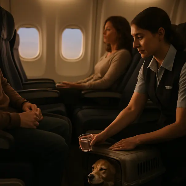 Medium-size dog lying in a carrier under an airplane seat while a flight attendant offers water in the cabin