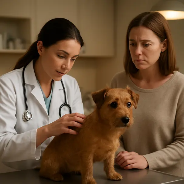 Small brown terrier being gently examined by a veterinarian on an exam table, owner nearby