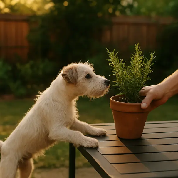 Small white terrier reaching toward a rosemary pot on a patio table, homeowner removing the plant in a backyard at golden hour