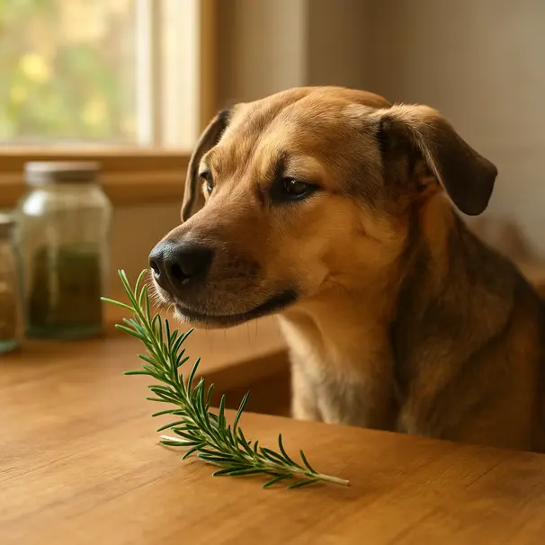 Mixed-breed dog sniffing a fresh rosemary sprig on a wooden kitchen counter in a sunlit kitchen