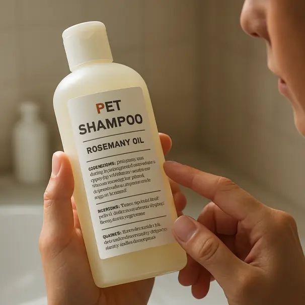 Person holding a pet shampoo bottle in a bathroom, reading a label that lists rosemary oil