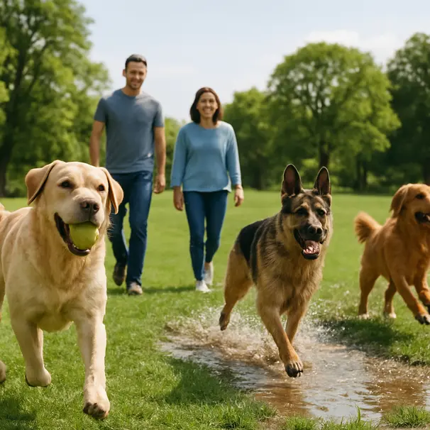 Three large dogs playing in a sunny park with caregivers nearby, one dog running with a ball and trees in the background