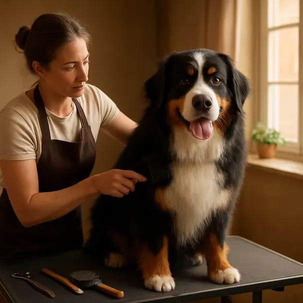 Bernese Mountain Dog being brushed by a pet carer on a grooming table near a sunlit window, grooming tools visible