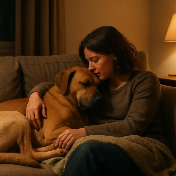 Large dog curled on a sofa cuddling with a person in a cozy living room lit by warm lamp light
