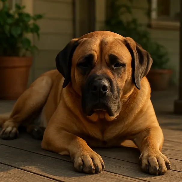 Large mastiff-mix dog resting on a shaded wooden porch in late afternoon light, relaxed posture and home plants in background