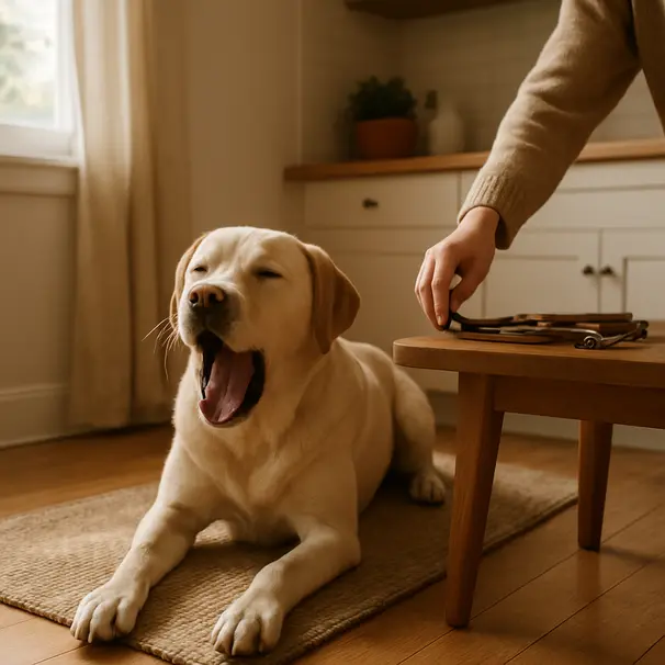 Suuri Labrador makaa matolla ja omistaja tarttuu hihnaan valoisan keittiön reunassa.