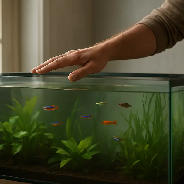 Nahaufnahme eines Aquariums, eine Person beobachtet Fische und Pflanzen bei Tageslicht, ruhige Innenraumstimmung