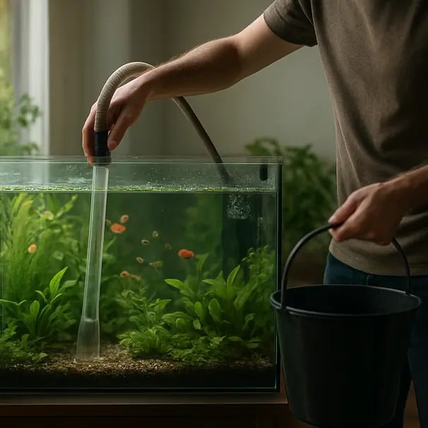 Person beim Teilwasserwechsel eines bepflanzten Aquariums, Kiesreiniger im Einsatz, klare Tageslichtszene