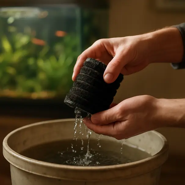 Hände reinigen einen Schwammfilter in altem Aquarienwasser, Aquarium mit Pflanzen im Hintergrund