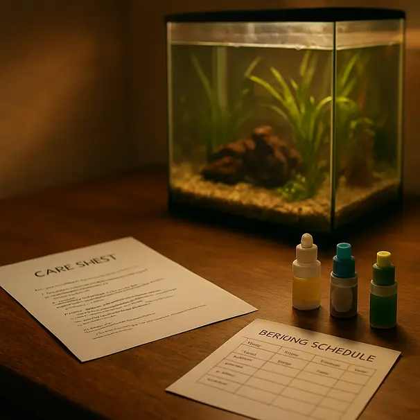 Tisch neben Aquarium mit Pflegeplan, Fütterungsanleitung und Wassertest-Kits, warme Abendbeleuchtung