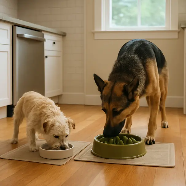 Two dogs eating in separate areas of a kitchen, showing separated feeding arrangements and labeled mats