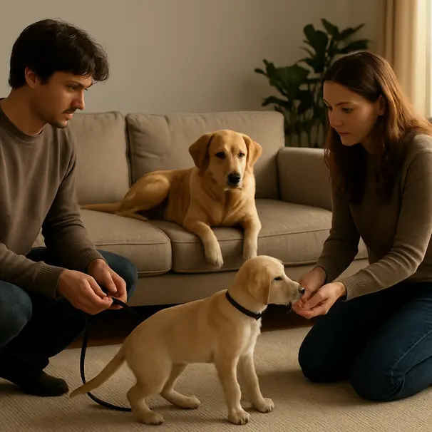 Home introduction with one dog on a couch and a new dog exploring on leash, handlers offering treats