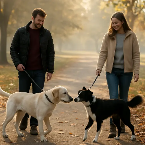 Two dogs meeting calmly on a park path with their owners nearby, morning light and autumn leaves
