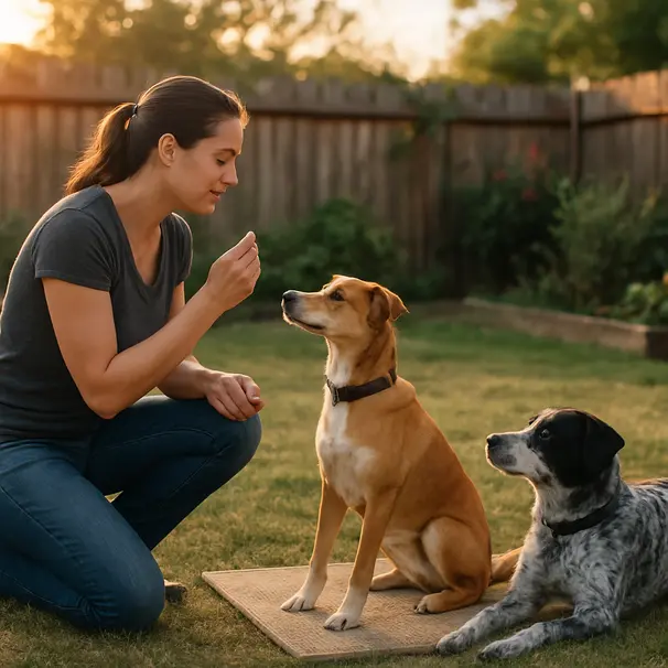 Backyard training session showing two dogs learning cues on mats with a trainer using treats