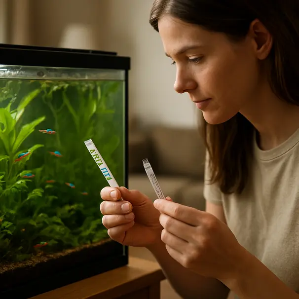 Pet carer holding water test strip and thermometer next to a planted aquarium with neon tetras and shrimp, indoor living room setting