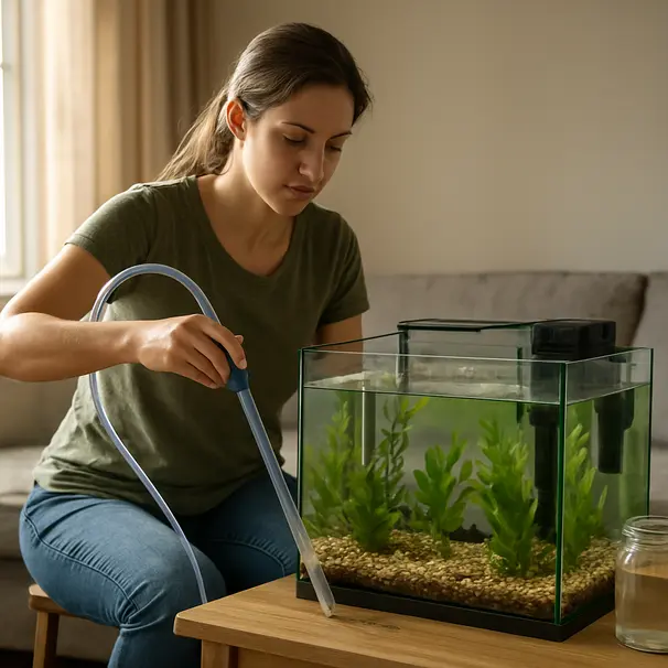 Pet carer using a siphon to remove water and debris from aquarium gravel during a weekly water change, with dechlorinated water containers nearby in a bright room
