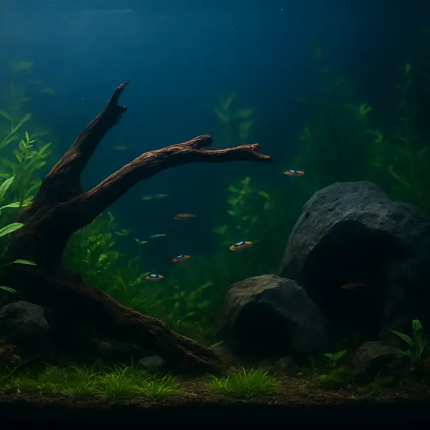 Lush planted aquarium at dusk with driftwood, rock caves, and small tropical fish exploring among plants, soft blue tank lighting