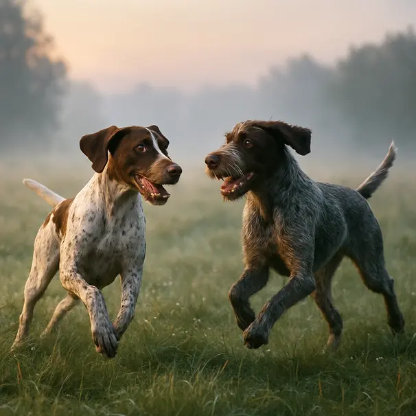 Two German hunting pointers playing and running in a mist-covered field at dawn, energetic movement