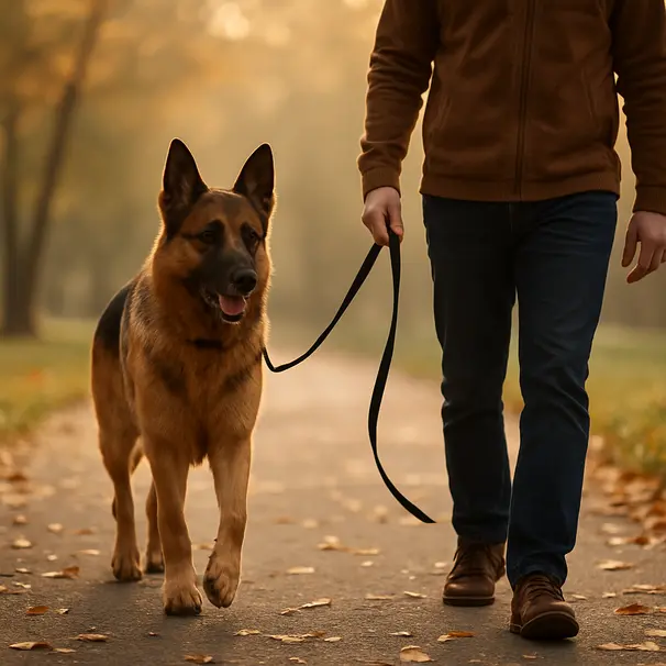 German Shepherd walking with owner in a leafy park during golden hour, leash visible, alert posture